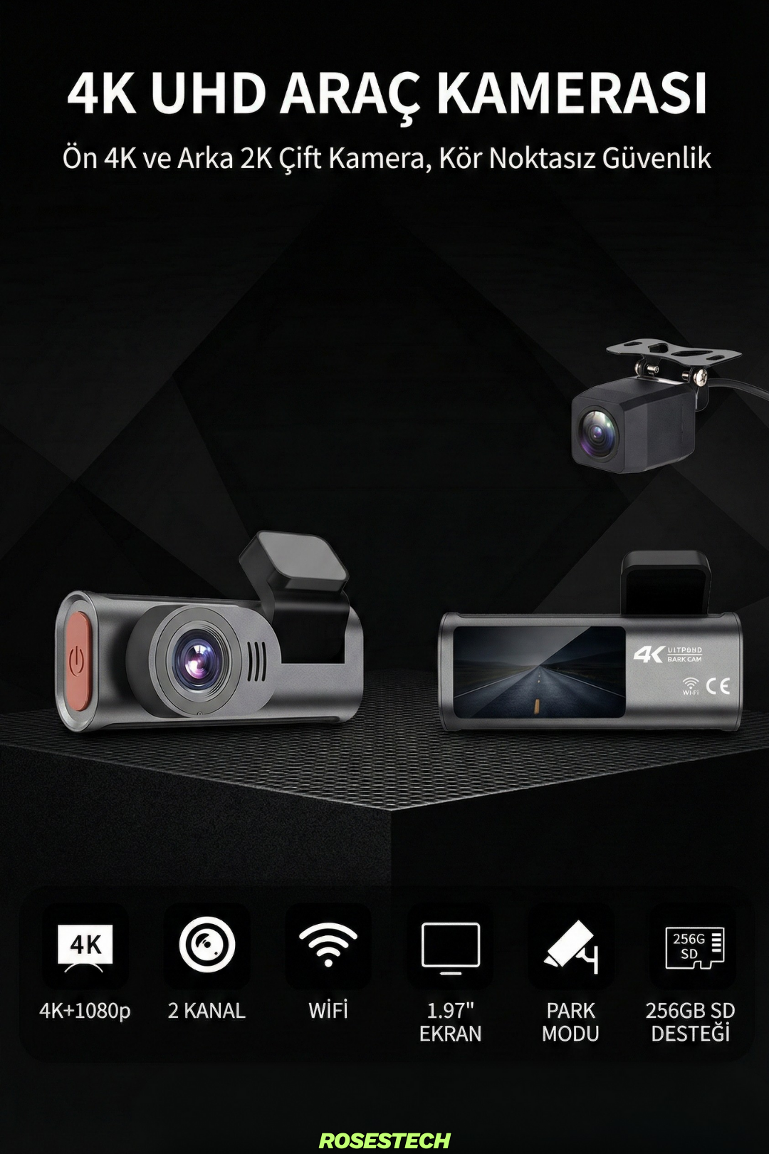 RoadMaster D28 4K Ön - Arka 1080p Çift Lensli Araç Kamerası