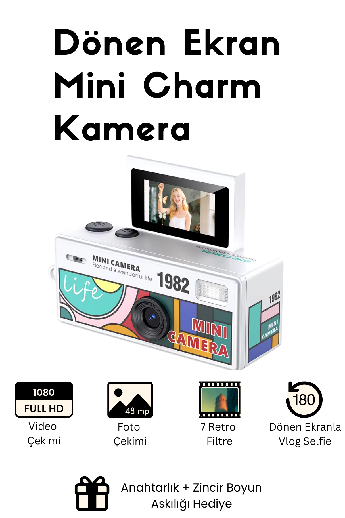 Mini Charm Kamera Dönen Ekran Flaşlı Selfie Video Vlog Kamerası 1080P+48MP