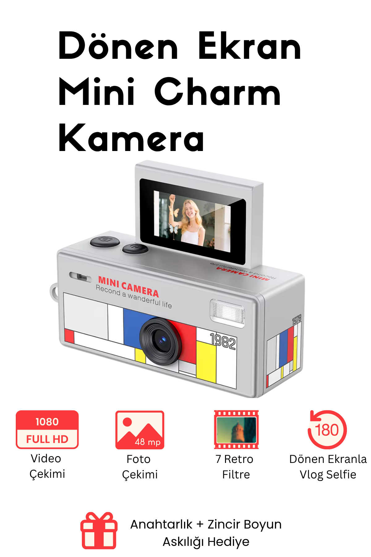 Mini Charm Kamera Dönen Ekran Flaşlı Selfie Video Vlog Kamerası 1080P+48MP