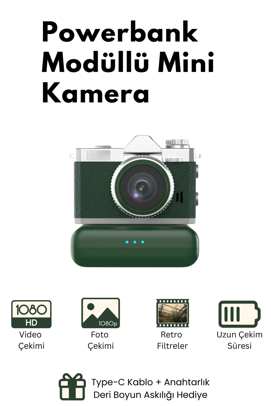 Mini Dijital Kamera Powerbankli Flaşlı Retro Filtre Deri Boyun Askısı 1080P