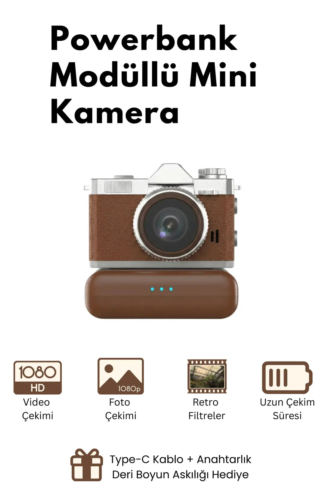 Mini Dijital Kamera Powerbankli Flaşlı Retro Filtre Deri Boyun Askısı 1080P