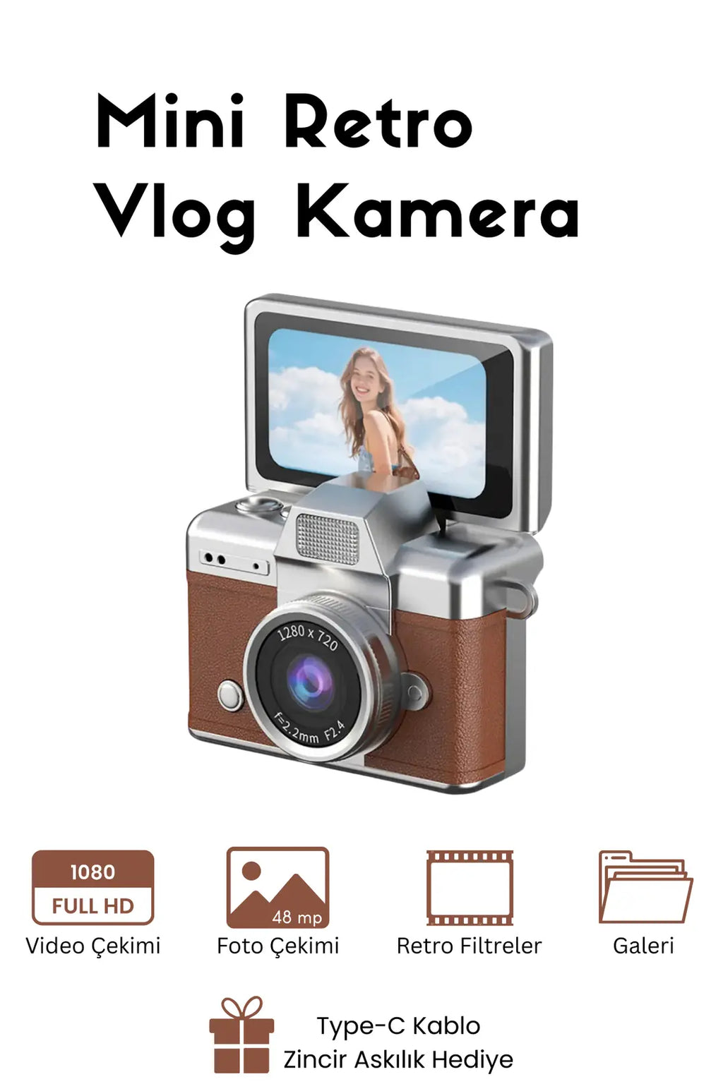 Mini Kamera Dönen Ekran Flaşlı Selfie Video Vlog Kamerası Anahtarlık 1080P+48MP