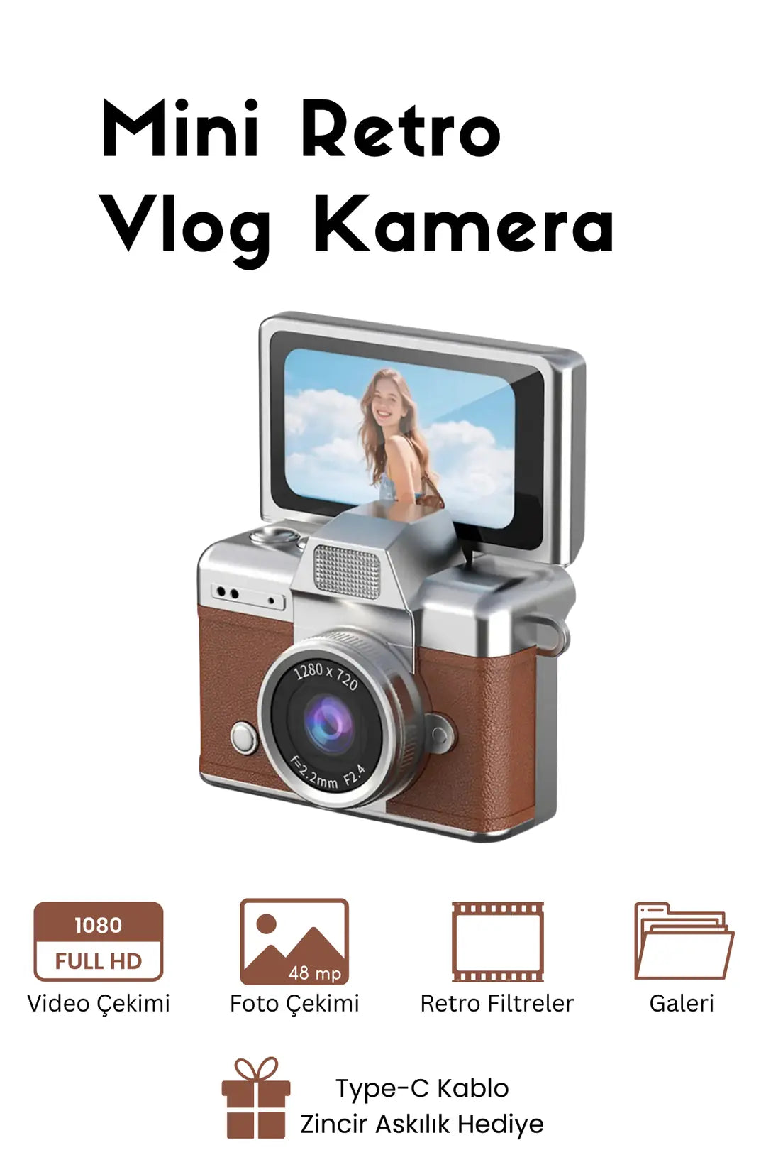 Mini Kamera Dönen Ekran Flaşlı Selfie Video Vlog Kamerası Anahtarlık 1080P+48MP