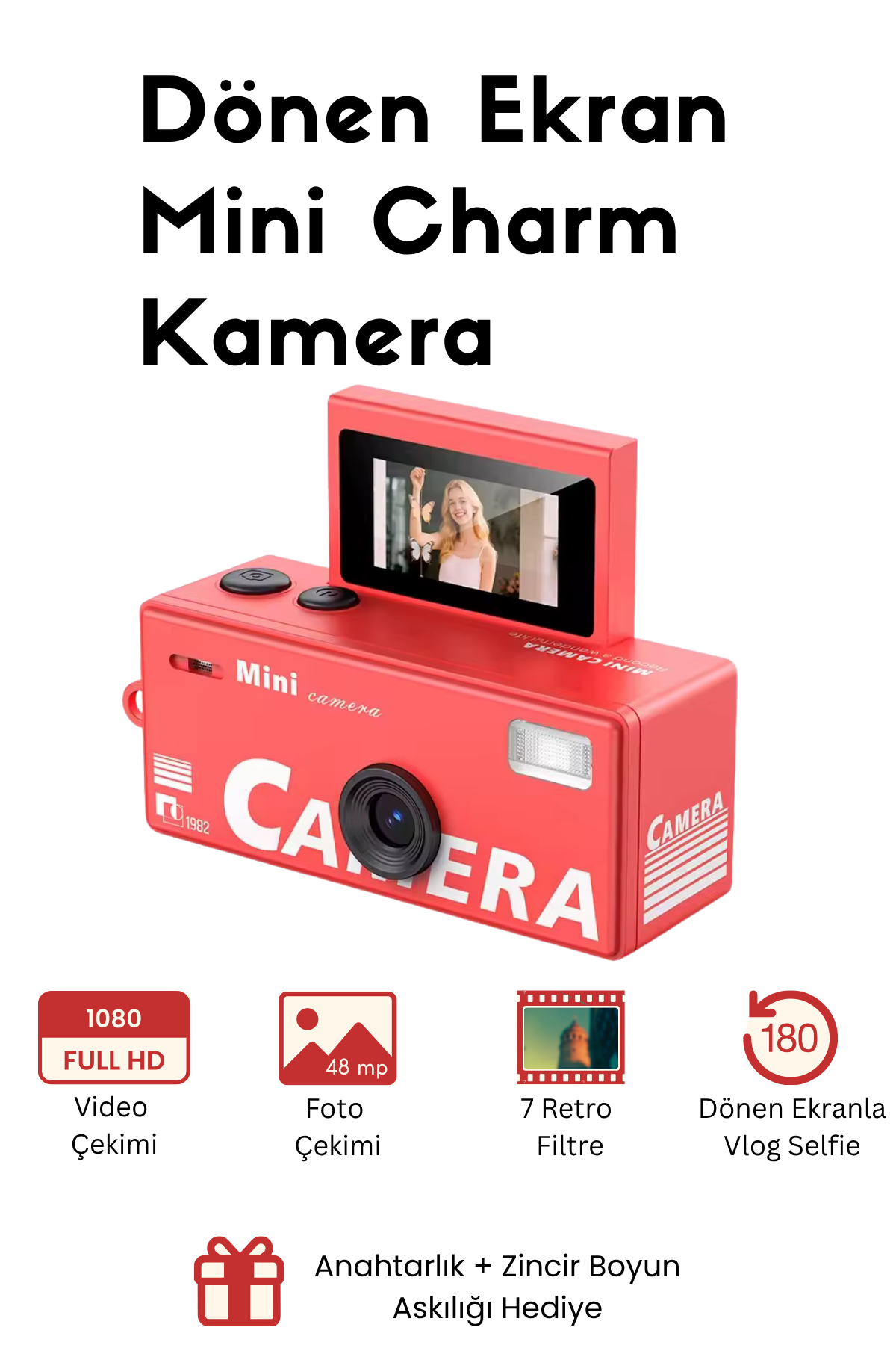 Mini Charm Kamera Dönen Ekran Flaşlı Selfie Video Vlog Kamerası 1080P+48MP