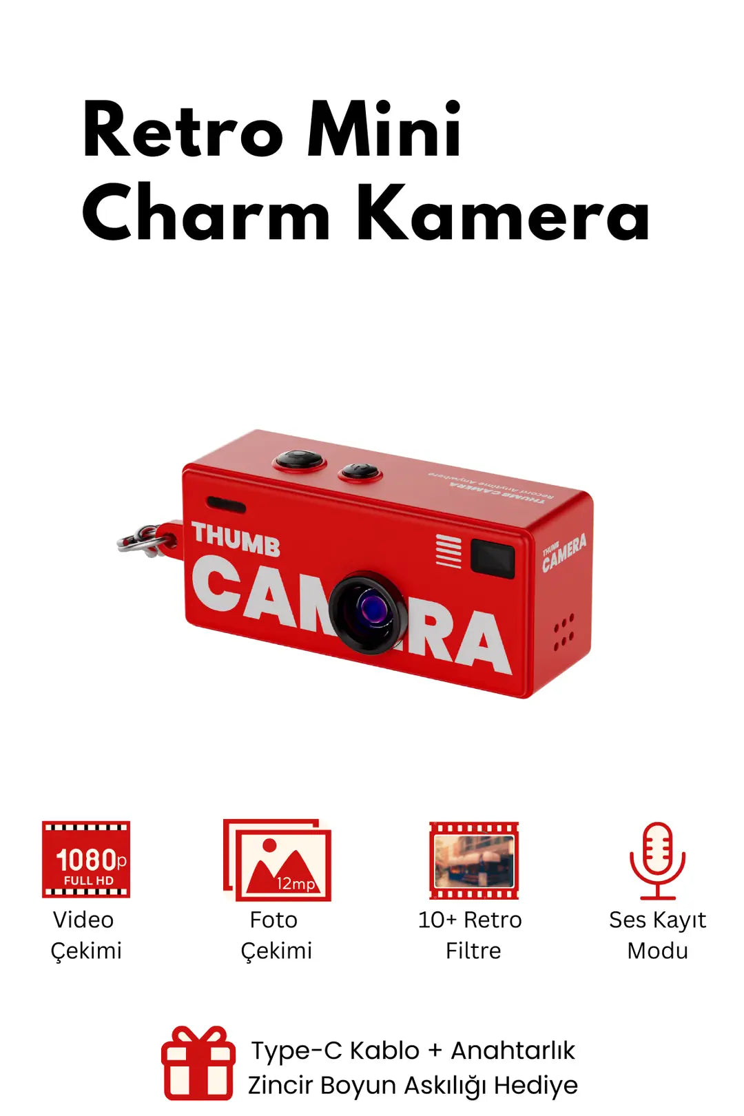 Mini Dijital Charm Kamera Retro Filtreli Video Foto Kamera 1080P+12MP