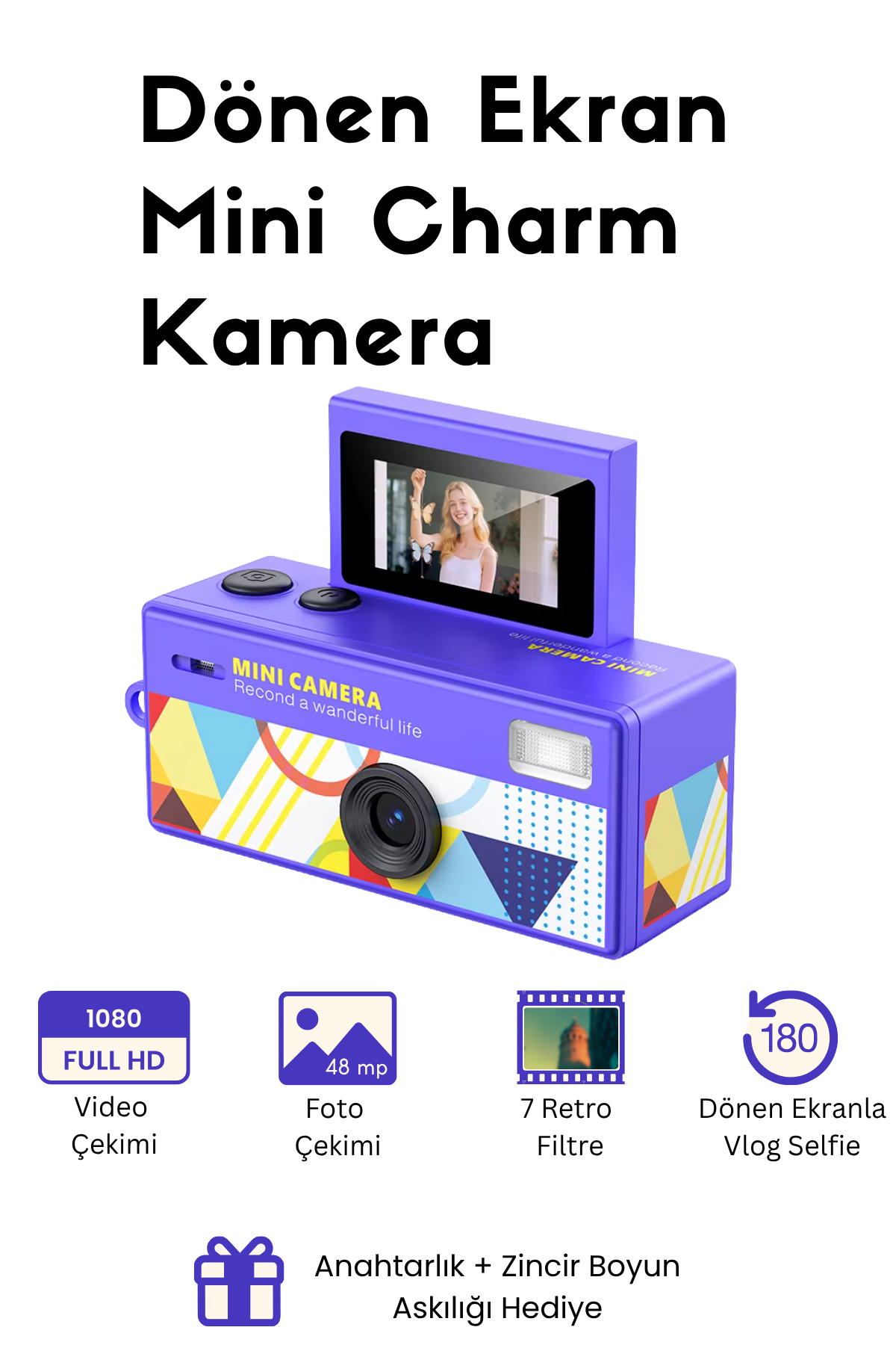 Mini Charm Kamera Dönen Ekran Flaşlı Selfie Video Vlog Kamerası 1080P+48MP