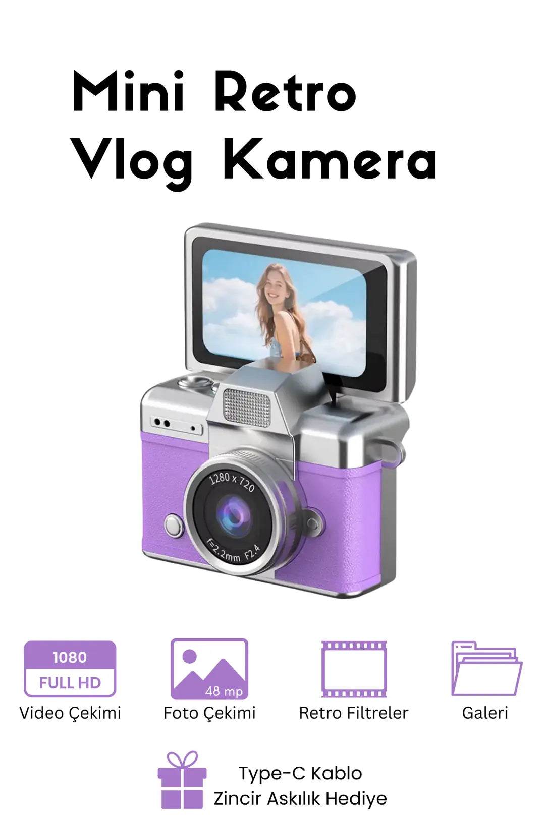 Mini Kamera Dönen Ekran Flaşlı Selfie Video Vlog Kamerası Anahtarlık 1080P+48MP