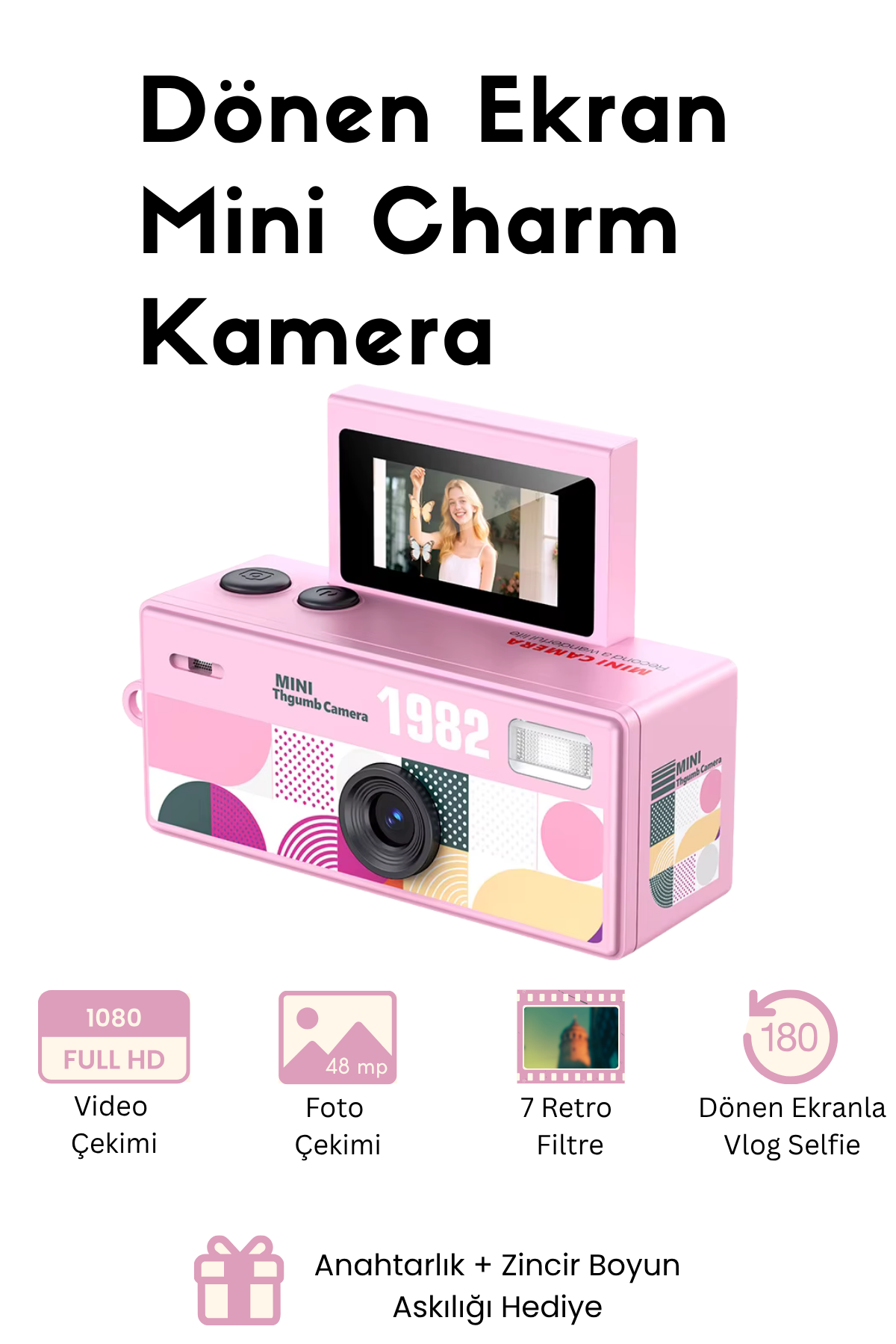 Mini Charm Kamera Dönen Ekran Flaşlı Selfie Video Vlog Kamerası 1080P+48MP