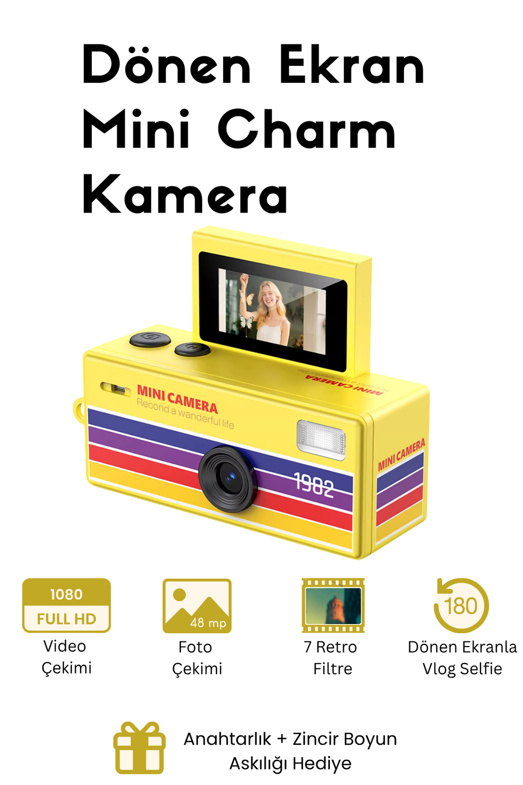 Mini Charm Kamera Dönen Ekran Flaşlı Selfie Video Vlog Kamerası 1080P+48MP