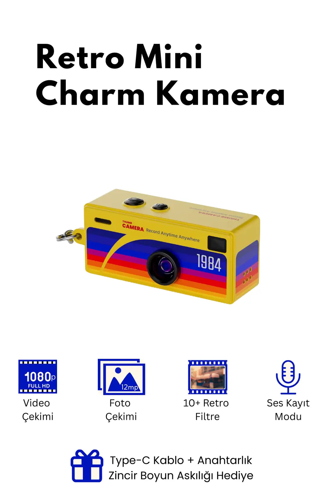 Mini Dijital Charm Kamera Retro Filtreli Video Foto Kamera 1080P+12MP