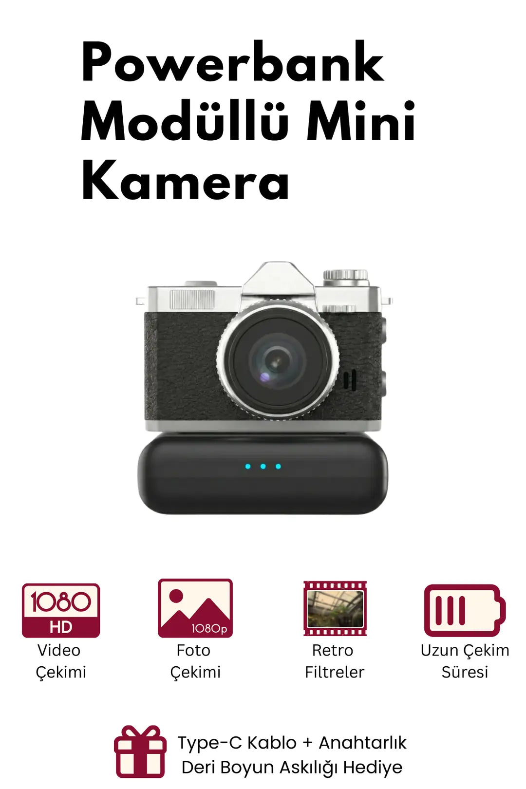 Mini Dijital Kamera Powerbankli Flaşlı Retro Filtre Deri Boyun Askısı 1080P