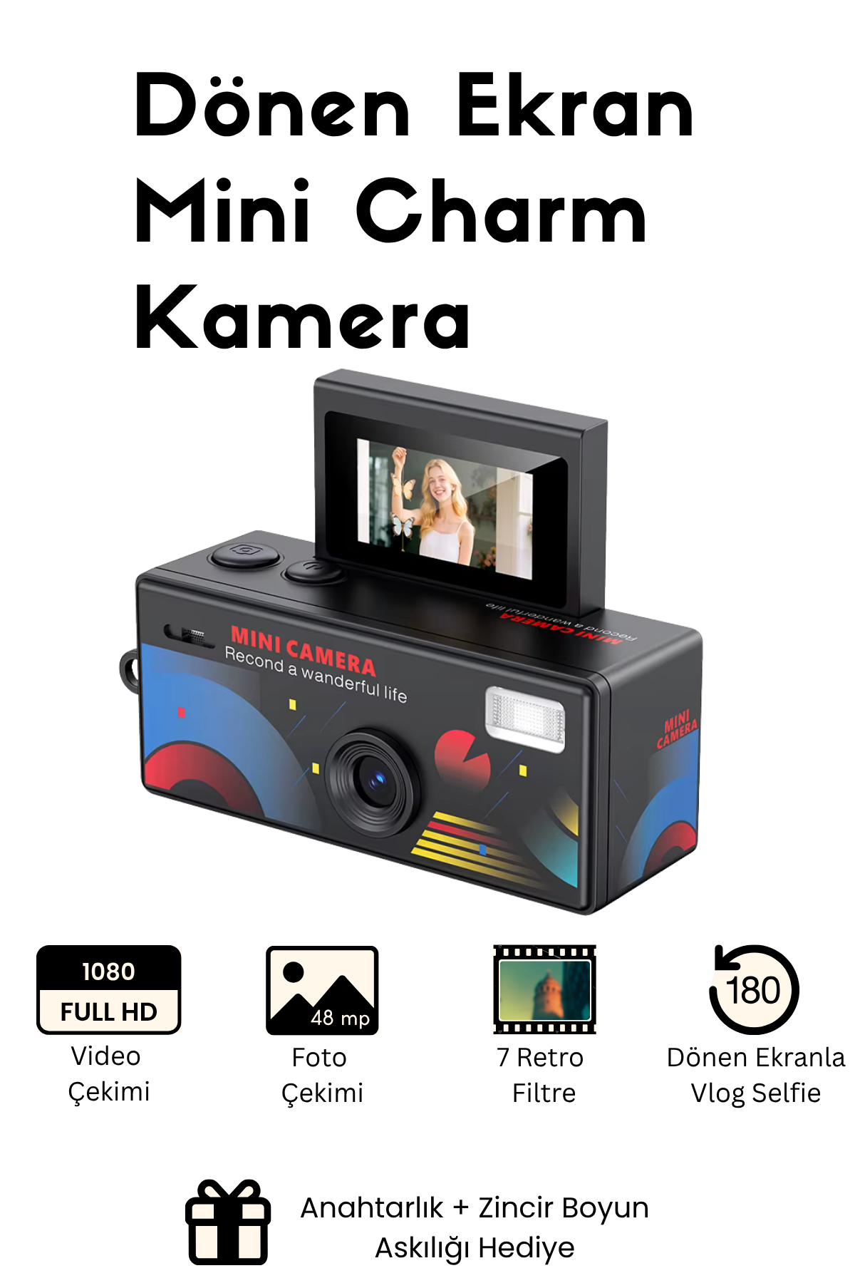 Mini Charm Kamera Dönen Ekran Flaşlı Selfie Video Vlog Kamerası 1080P+48MP