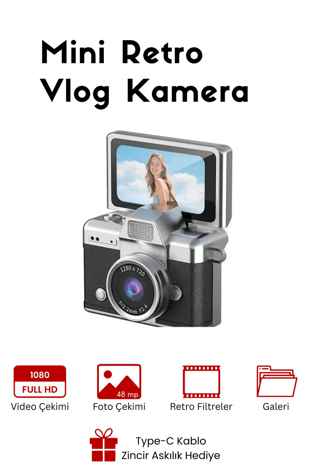 Mini Kamera Dönen Ekran Flaşlı Selfie Video Vlog Kamerası Anahtarlık 1080P+48MP