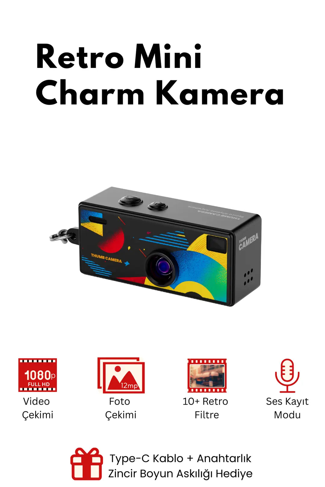 Mini Dijital Charm Kamera Retro Filtreli Video Foto Kamera 1080P+12MP