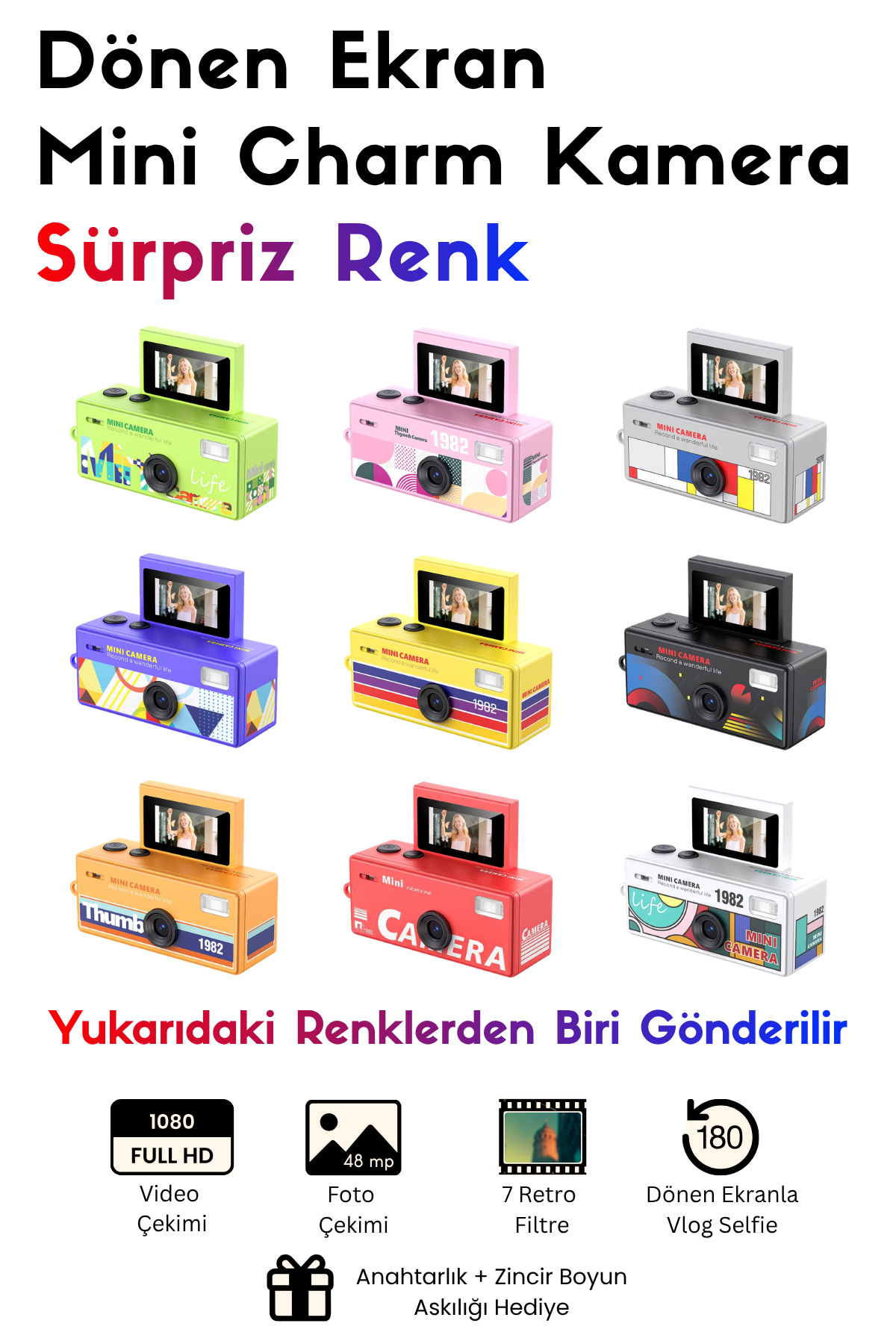 Mini Charm Kamera Dönen Ekran Flaşlı Selfie Video Vlog Kamerası 1080P+48MP