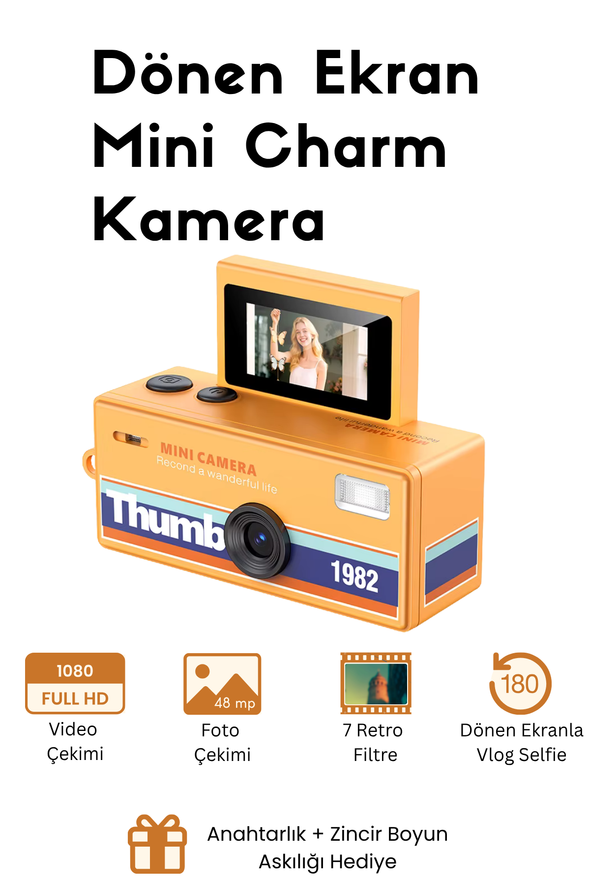 Mini Charm Kamera Dönen Ekran Flaşlı Selfie Video Vlog Kamerası 1080P+48MP