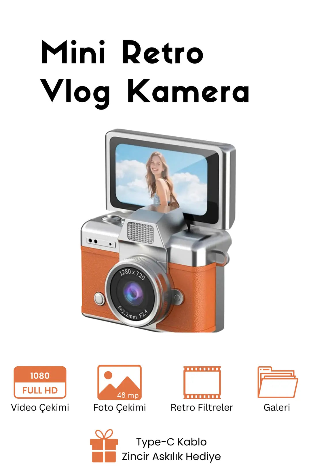 Mini Kamera Dönen Ekran Flaşlı Selfie Video Vlog Kamerası Anahtarlık 1080P+48MP