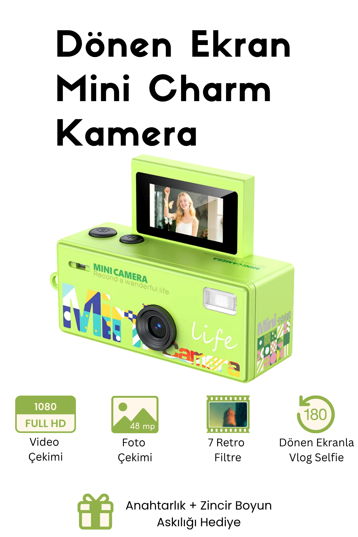 Mini Charm Kamera Dönen Ekran Flaşlı Selfie Video Vlog Kamerası 1080P+48MP